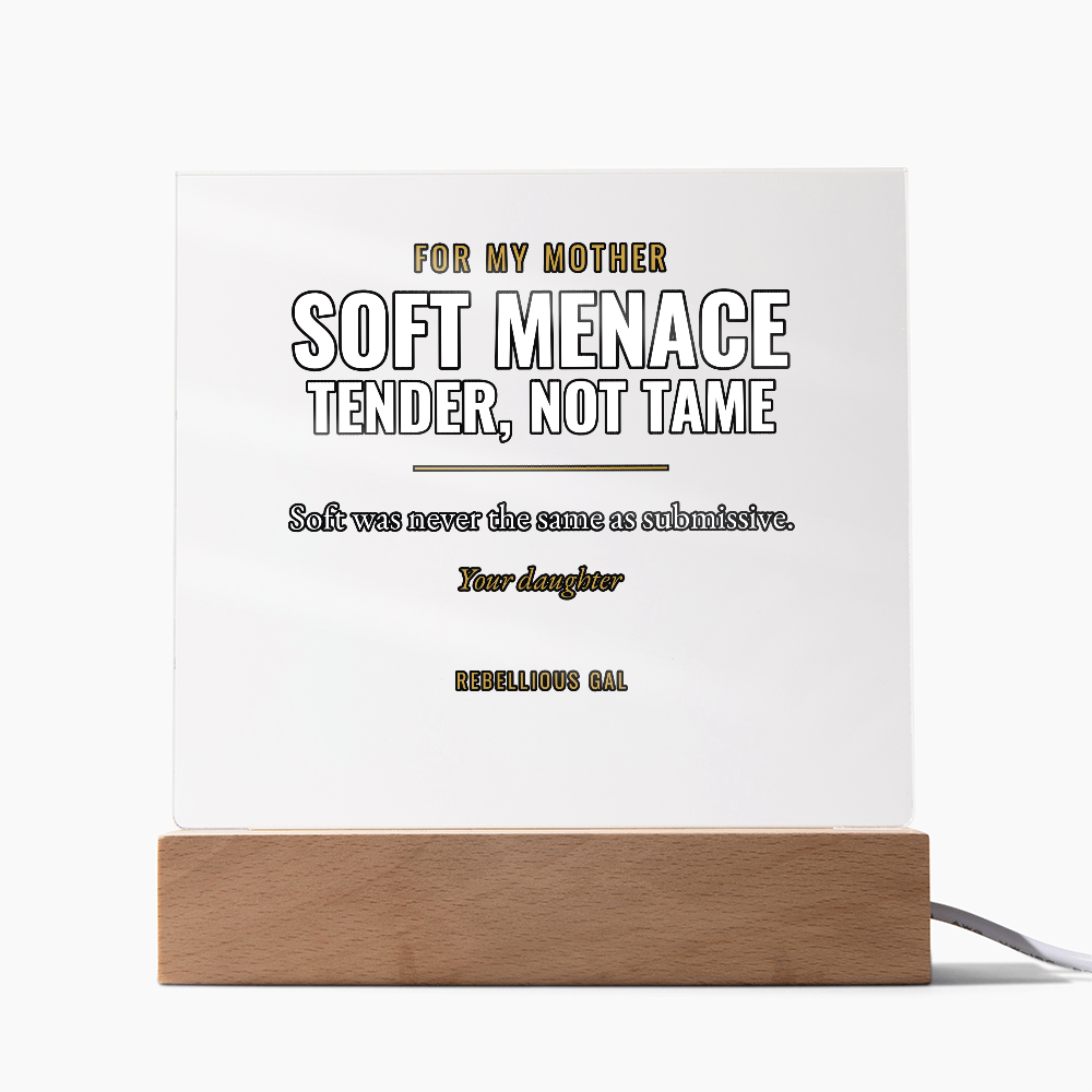 Soft Menace in heavy capitals, pale cord curling from the beech base on white