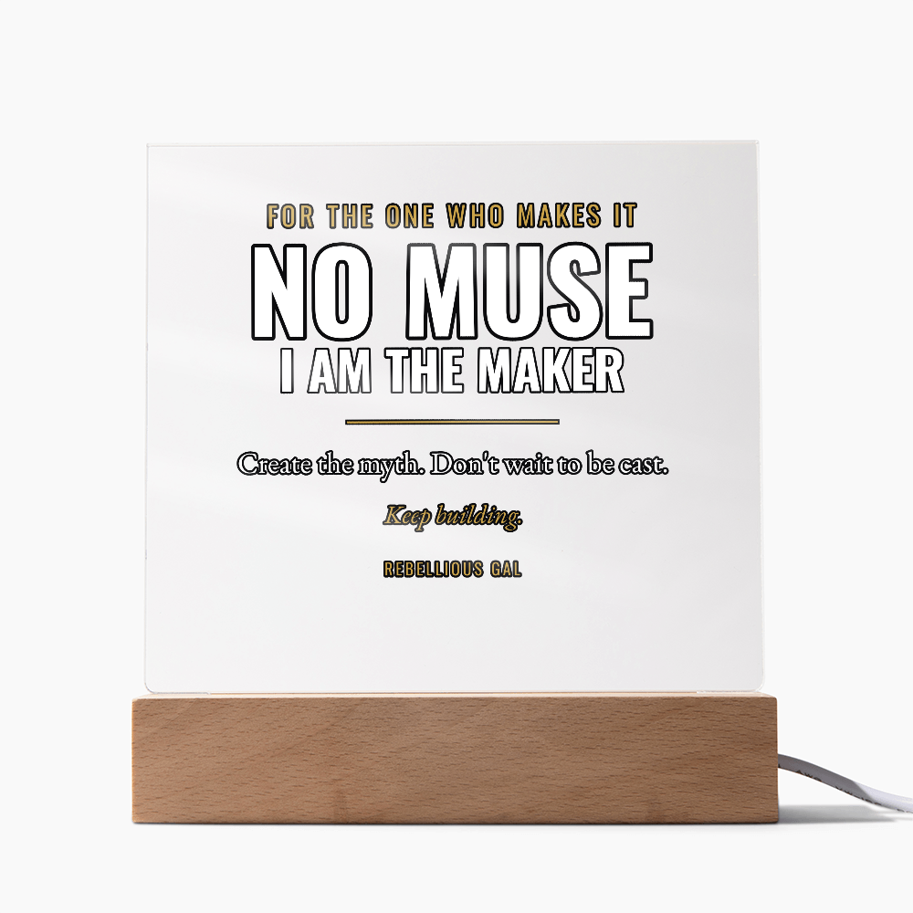 No Muse in heavy outline on seamless white, a pale cord leaving the beech base