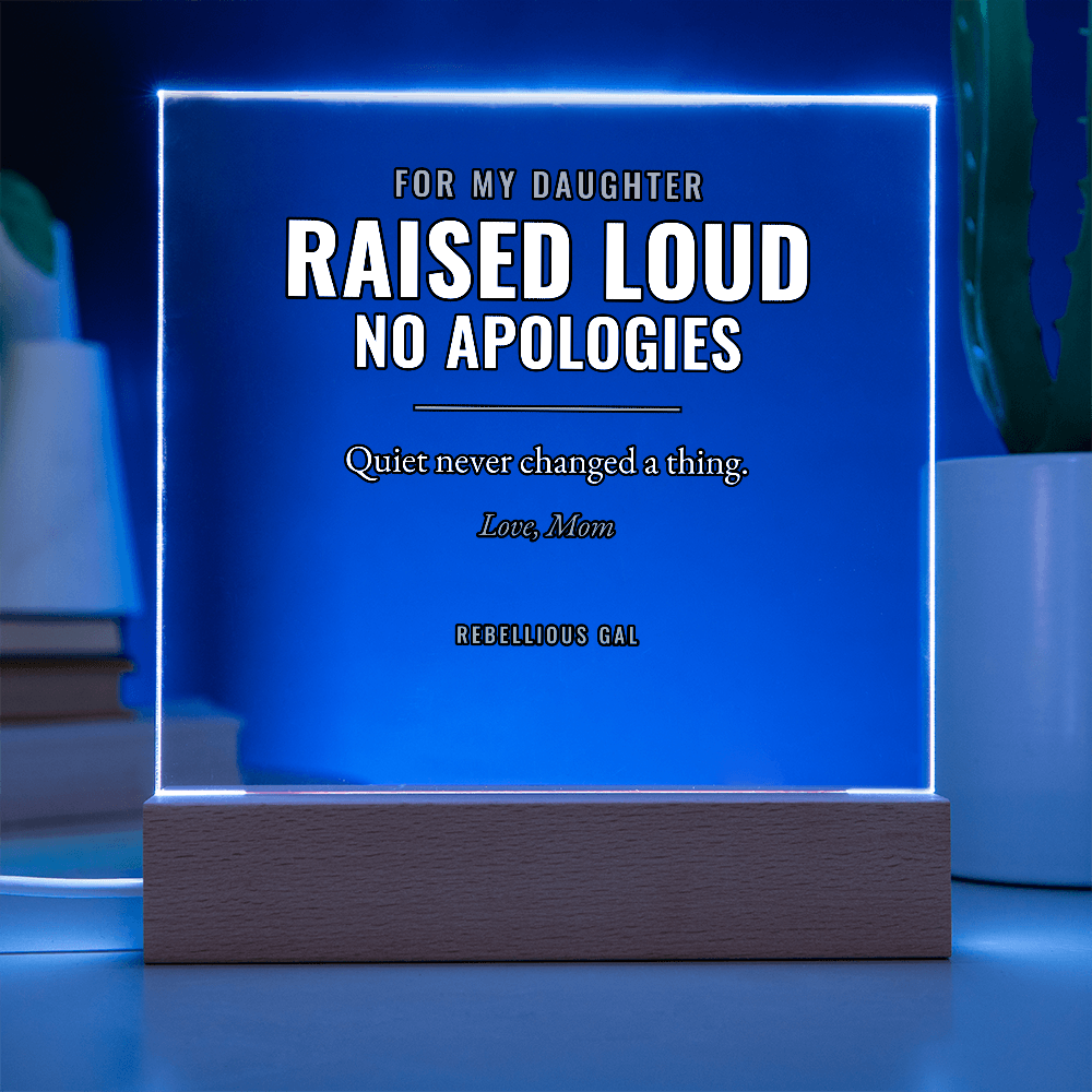 Blue edge glow floods the lettered panel, dark base, pale pot and foliage behind