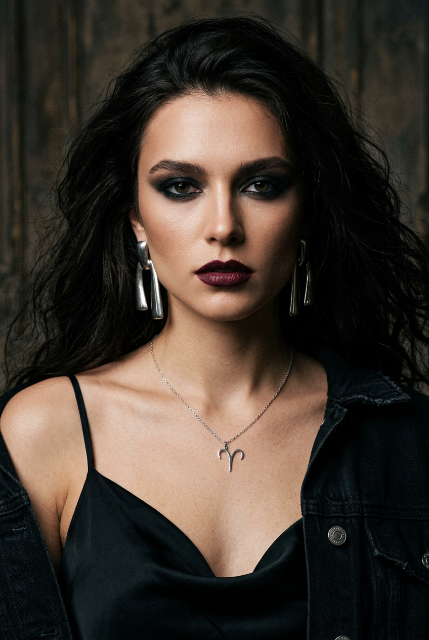 A close-up portrait of a woman with dark hair, heavy eye makeup, and dark lipstick, wearing a silver ram's horn pendant necklace, silver drop earrings, and a black camisole under an open black denim jacket, set against a dark rustic wooden background.