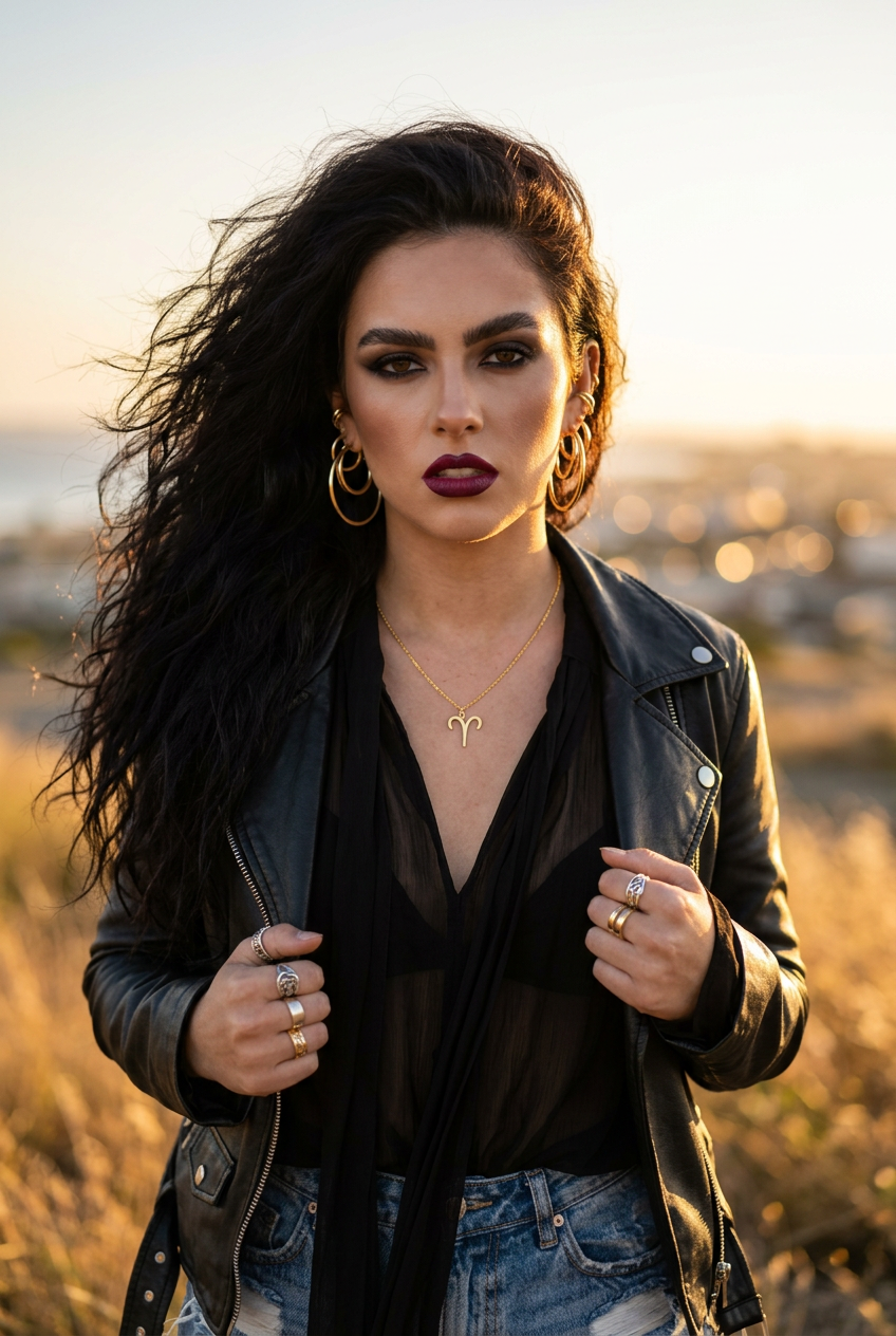 A woman with long, windswept dark hair stands outdoors in warm golden light, wearing a black leather moto jacket over a sheer black top and blue jeans. She is accessorized with gold hoop earrings, a delicate gold necklace, and multiple rings.