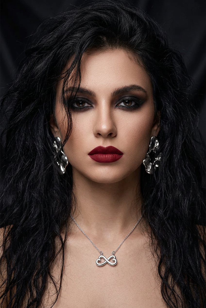 A close-up portrait of a woman with dark wavy hair, dramatic eye makeup, and dark red lipstick, wearing a silver infinity necklace and matching silver earrings against a dark background.