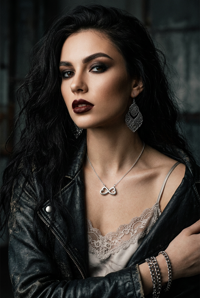 A woman with long dark wavy hair poses in a black leather jacket over a beige lace camisole, wearing silver jewelry including a necklace, earrings, and bracelets against a dark textured background.