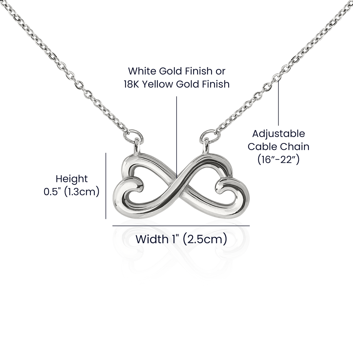 Sizing diagram of the silver infinity heart pendant with measurements and adjustable cable chain details