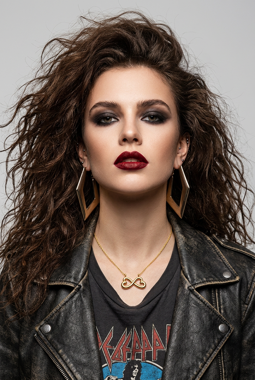 A close-up portrait of a woman with voluminous dark brown curly hair, wearing a distressed black leather jacket over a black graphic t-shirt, gold geometric earrings, and a gold infinity necklace, set against a solid gray studio background.