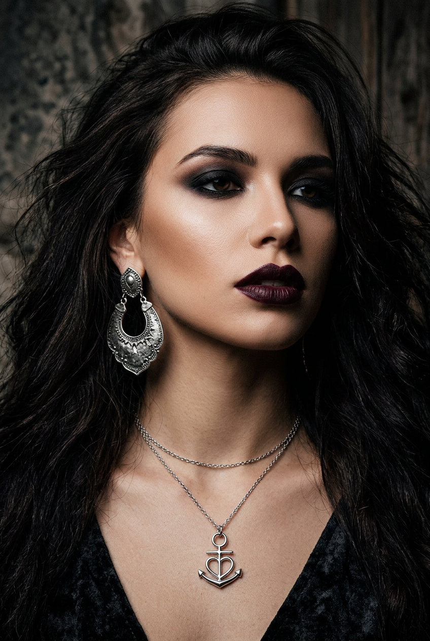A close-up portrait of a woman with long dark hair wearing a silver anchor pendant necklace, a delicate chain necklace, and a large silver teardrop earring against a dark textured background.