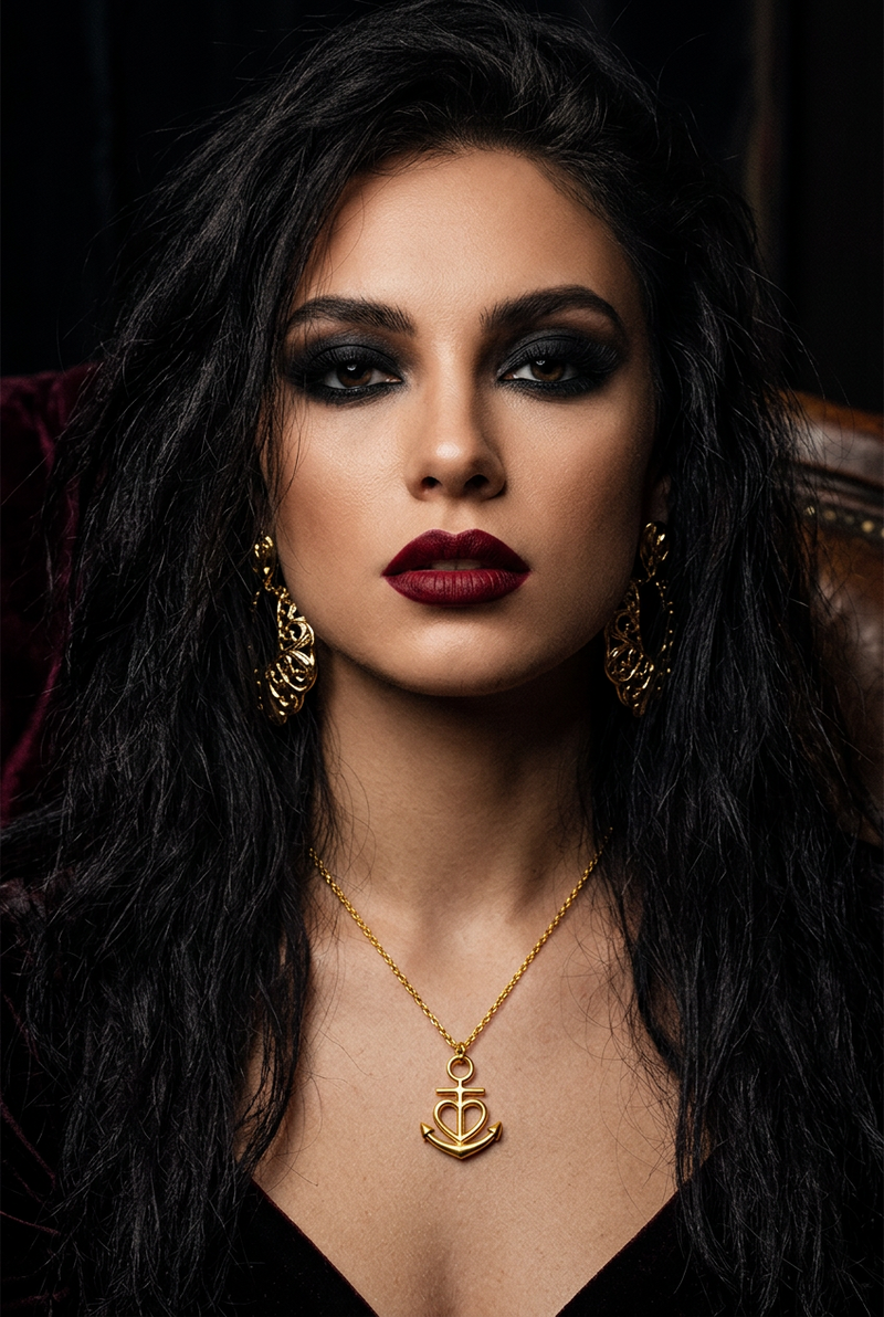 A close-up portrait of a woman with long dark hair, dramatic dark eye makeup, deep red lipstick, and gold jewelry, including a gold anchor pendant necklace and matching drop earrings, seated against a dark background.