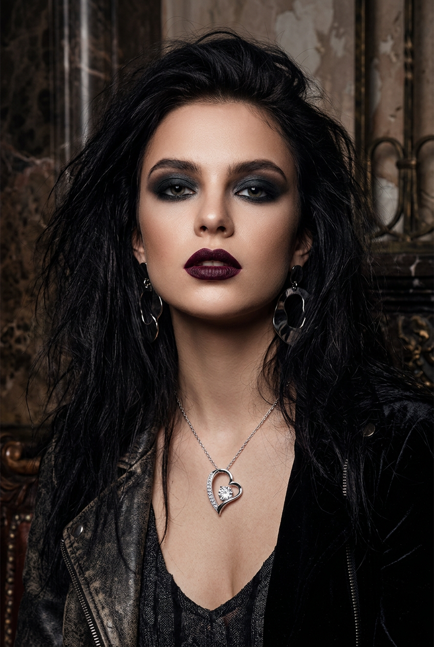 A close-up portrait of a woman with dark hair, smoky eye makeup, and dark lipstick, wearing a silver heart-shaped pendant necklace, hoop earrings, and a black leather jacket against an ornate, dark background.