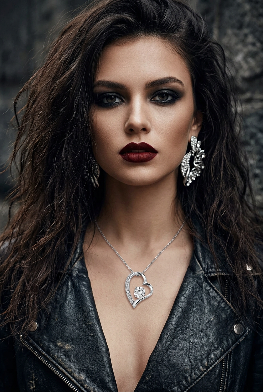 A close-up portrait of a woman with dark wavy hair, dramatic eye makeup, and dark red lipstick, wearing a silver heart-shaped pendant necklace and large silver statement earrings, styled with a black leather jacket against a dark textured background.