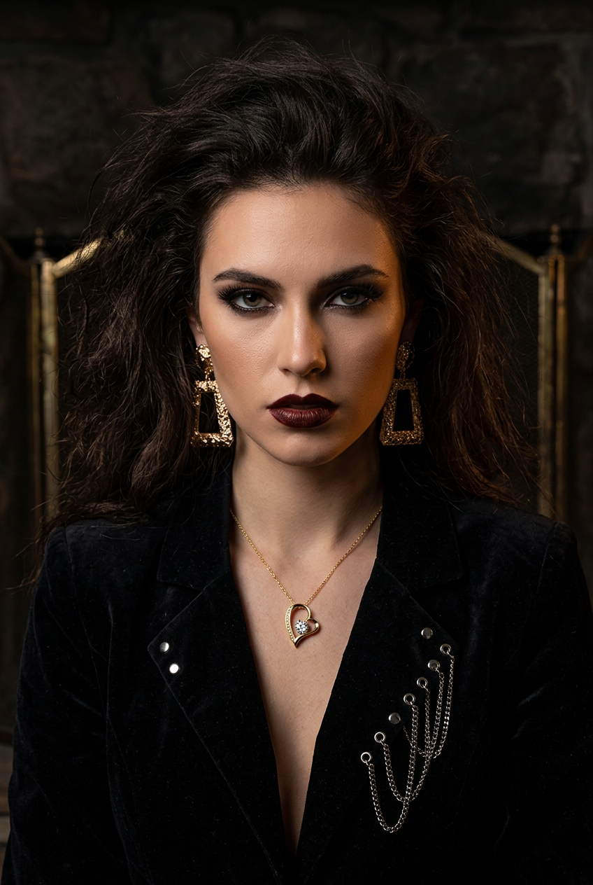 A woman with dark hair and dramatic eye makeup wears a black velvet jacket with silver chain embellishments, gold hoop earrings, and a gold heart pendant necklace, posed against a dark stone background.