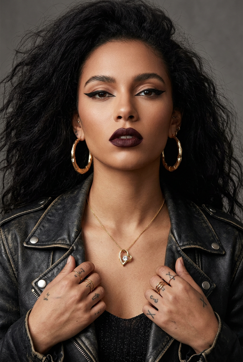 A close-up portrait of a woman with dark curly hair wearing a black leather jacket, gold hoop earrings, a gold heart-shaped pendant necklace, and rings, set against a dark gray studio background.