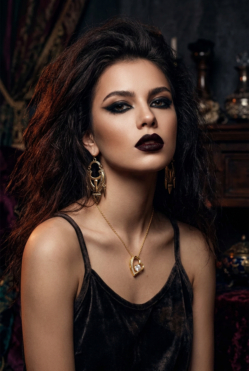 A woman with dark wavy hair, dramatic eye makeup, and dark lipstick wears gold statement earrings and a gold crescent moon pendant necklace, posing in a dark velvet camisole against a moody, vintage-style background.