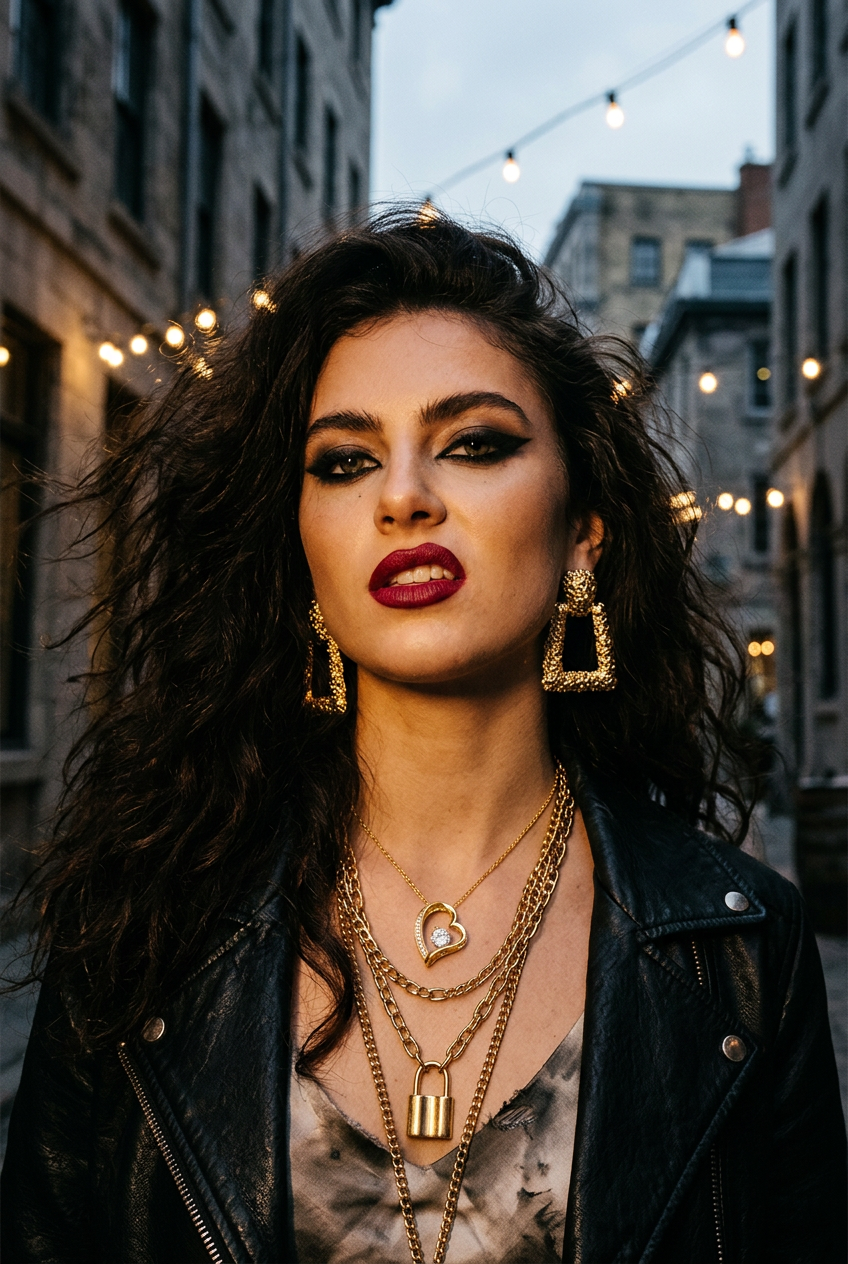 A woman with dark curly hair wearing a black leather jacket, layered gold necklaces, and gold geometric drop earrings, posing in an outdoor urban alleyway at dusk.