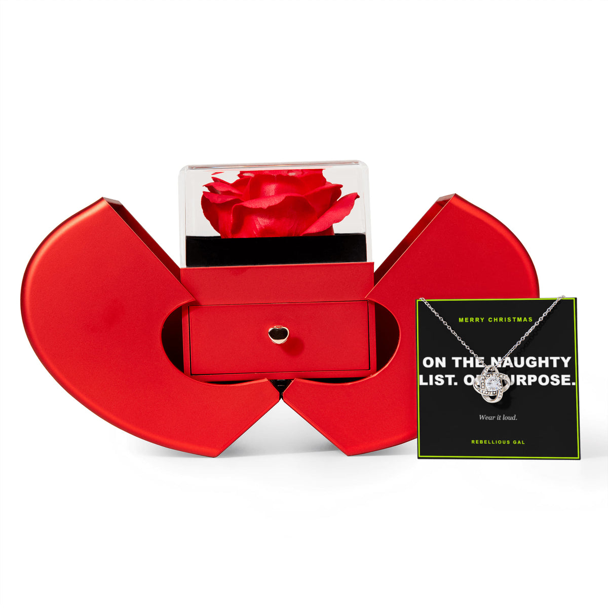 Love Knot Necklace in a Red Rose Heart Box