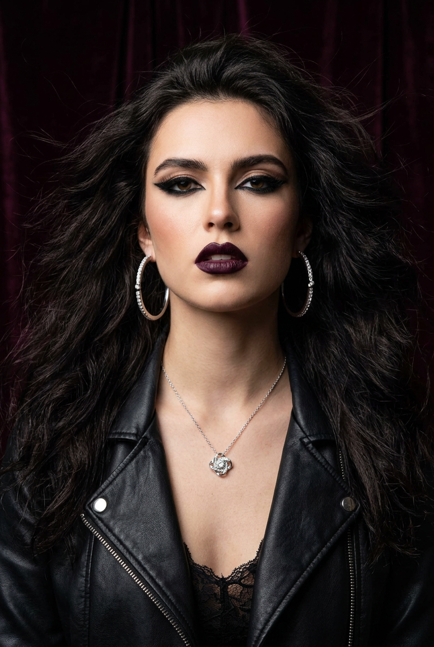 A close-up portrait of a woman with long, dark wavy hair, wearing a black leather jacket, silver hoop earrings, and a silver necklace with a flower-shaped pendant, set against a dark red velvet background.