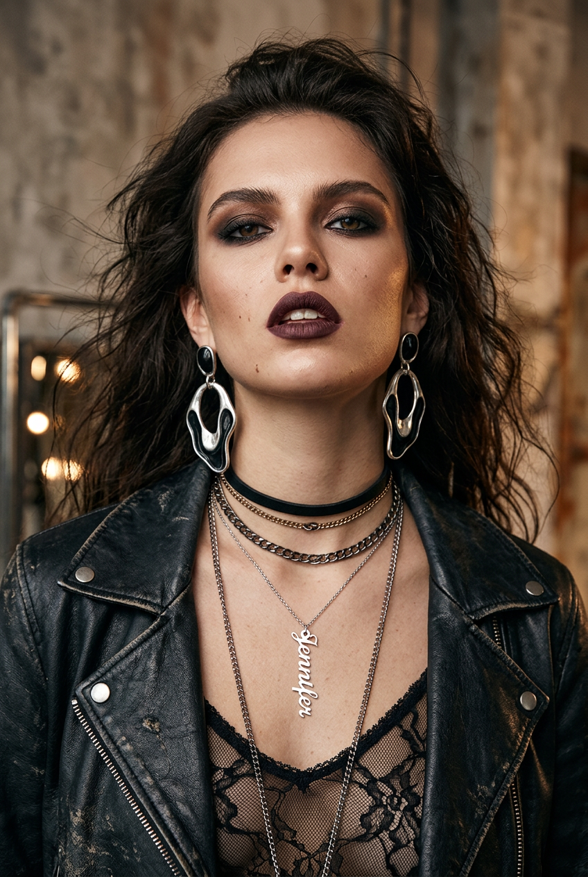 Silver Jennifer drops between layered curb chains, a velvet choker above black lace and leather