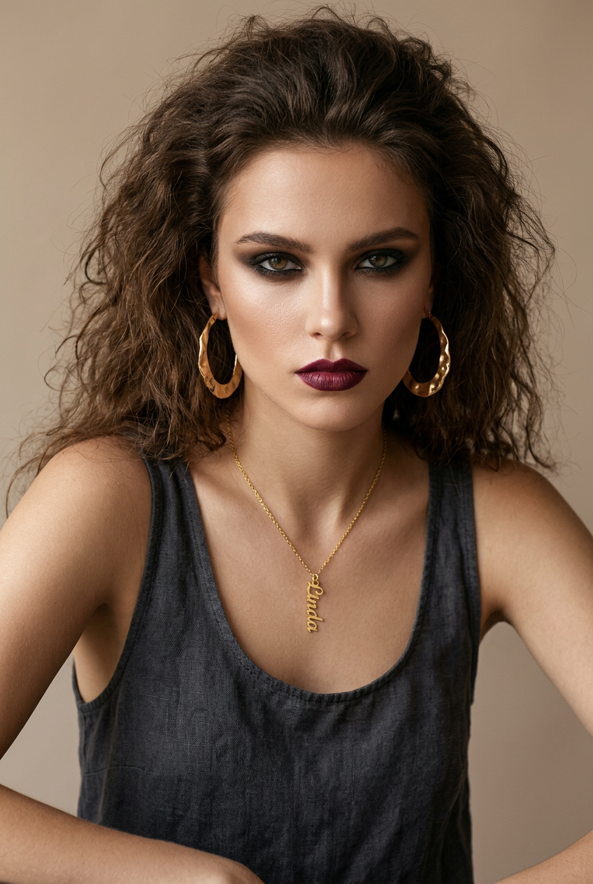 Upright gold Linda on a slim chain, textured gold hoops above a charcoal tank