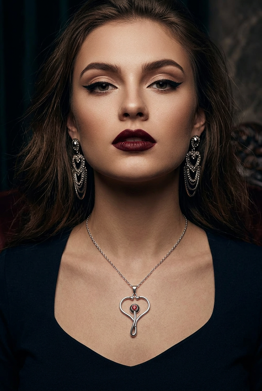 A close-up portrait of a woman wearing a silver heart-shaped pendant necklace with a small pink gemstone, matching silver drop earrings, and a dark navy top against a dark background.