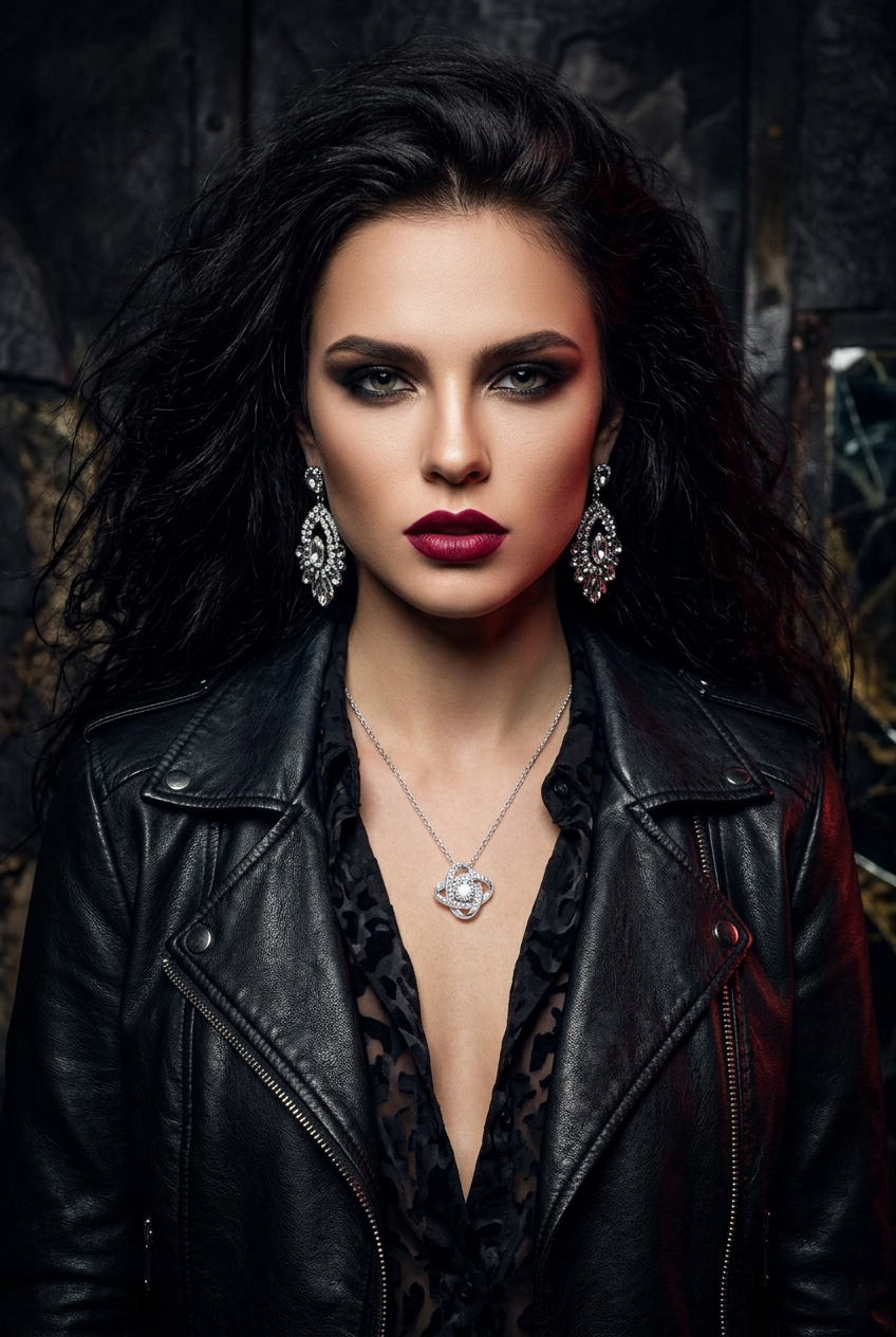 A close-up portrait of a woman with dark hair wearing a black leather jacket, silver statement earrings, and a silver pendant necklace against a dark textured background.