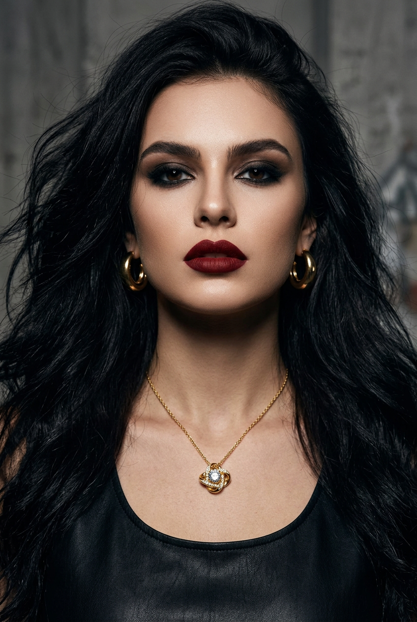 A close-up portrait of a woman with long dark hair, wearing gold hoop earrings, a gold heart-shaped pendant necklace, and a black top against a textured gray background.