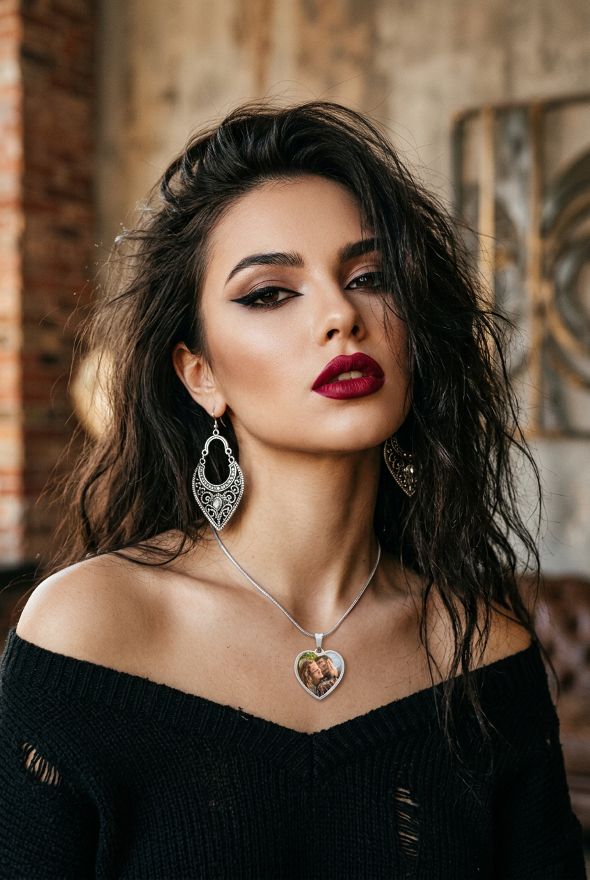 A woman with dark hair and red lipstick wears a silver heart pendant necklace and matching dangling earrings in a warm indoor setting with a brick wall background.