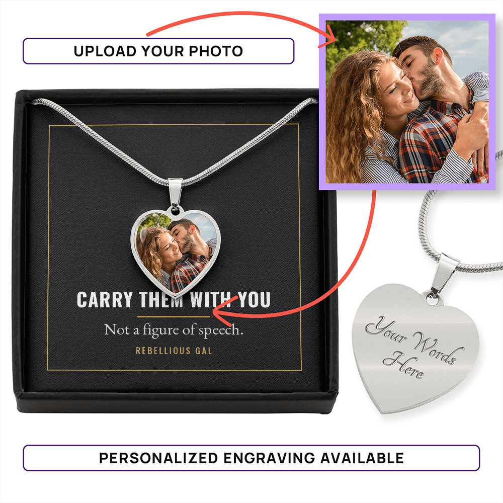 Two white instruction banners frame the boxed silver heart, a snapshot inset above right