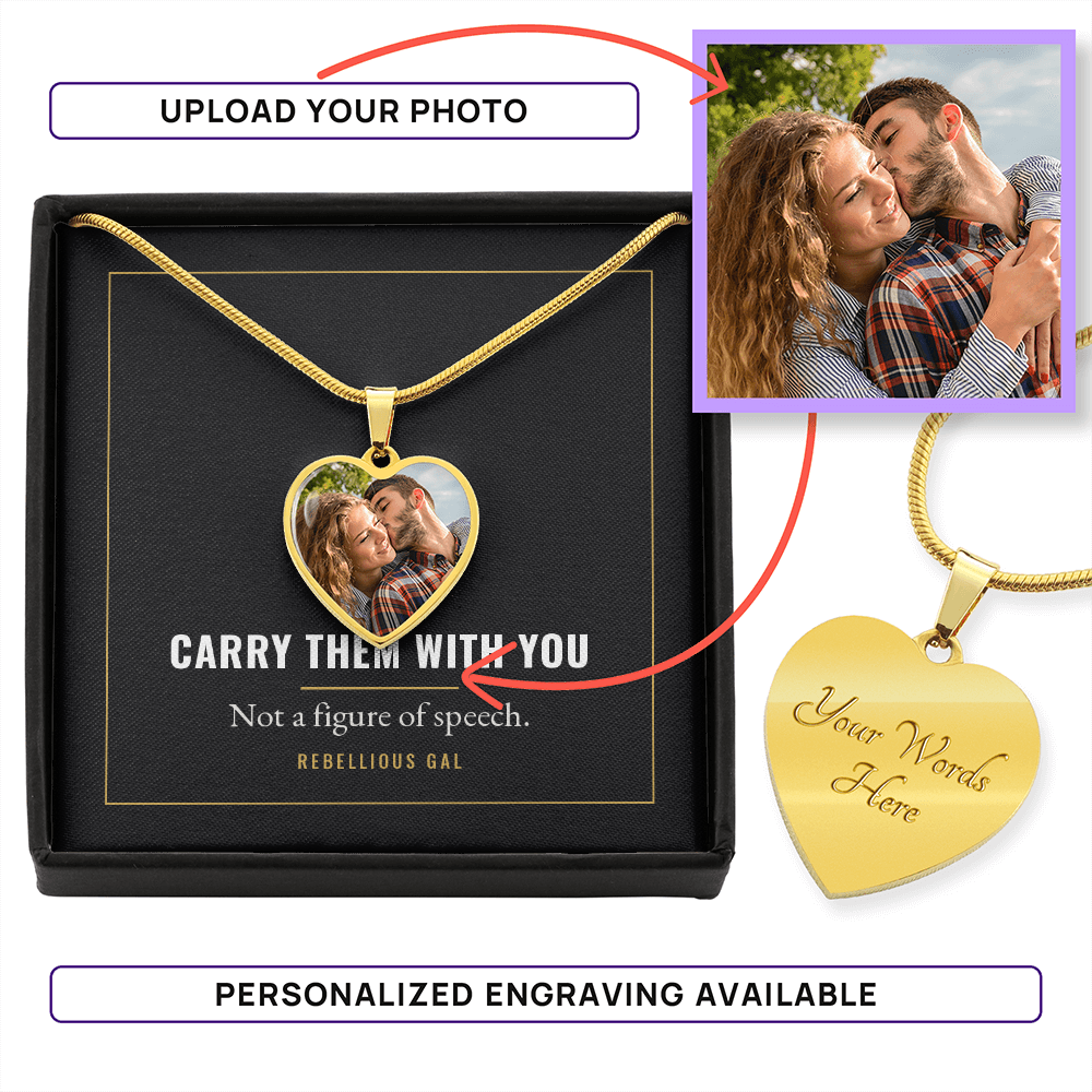 Gold pendant centered between two callout banners, a script-engraved heart sample at right