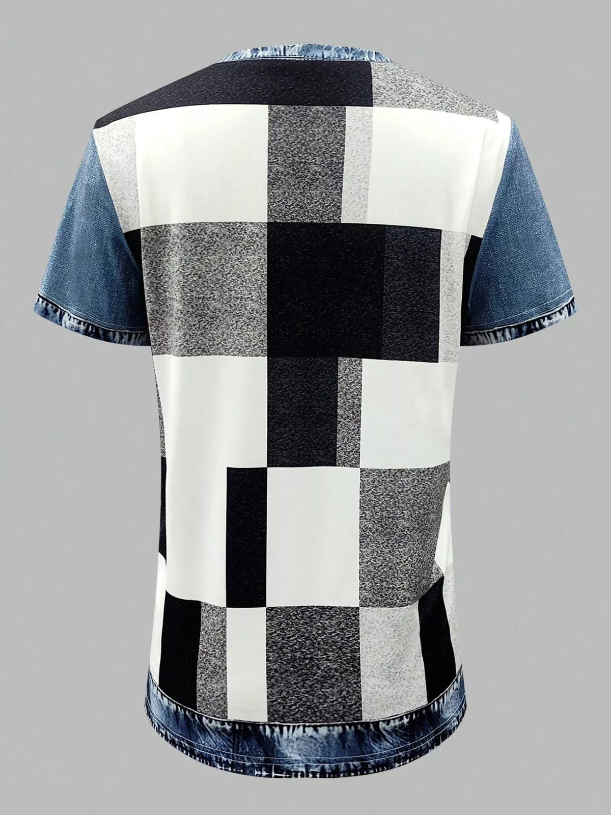 Checkered shirt with denim sleeves on a gray background