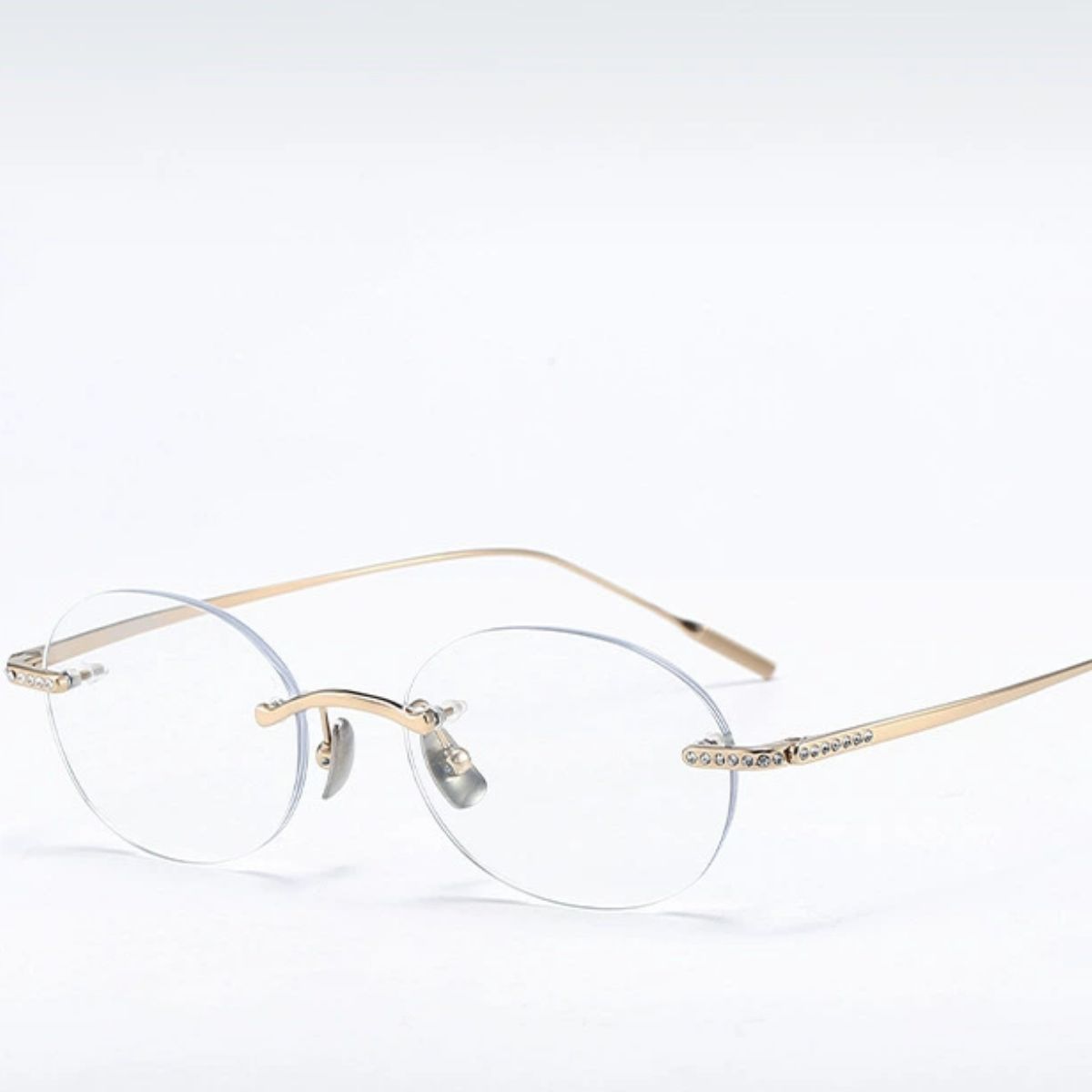 Model wearing Rebellious Gal rimless glasses with minimalist rebellious outfit