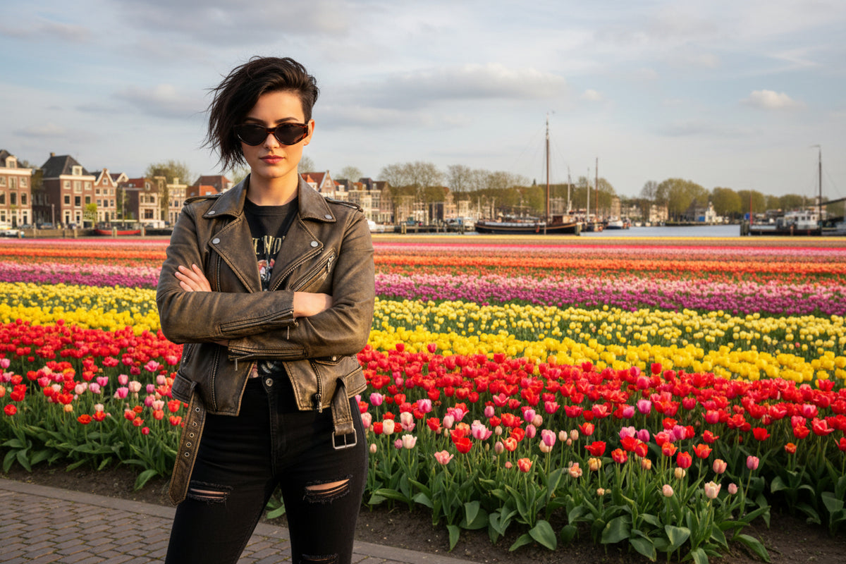 rebellious gal wearing cat eye glasses in Holland 