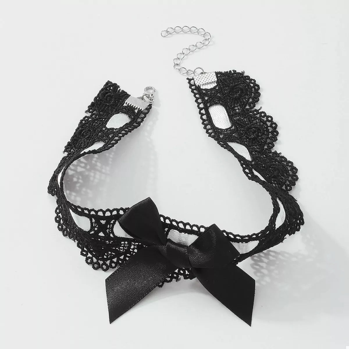 Lace Black Bow Tie - Black and White Choker Necklace Hook and Chain - Rebellious Gal
