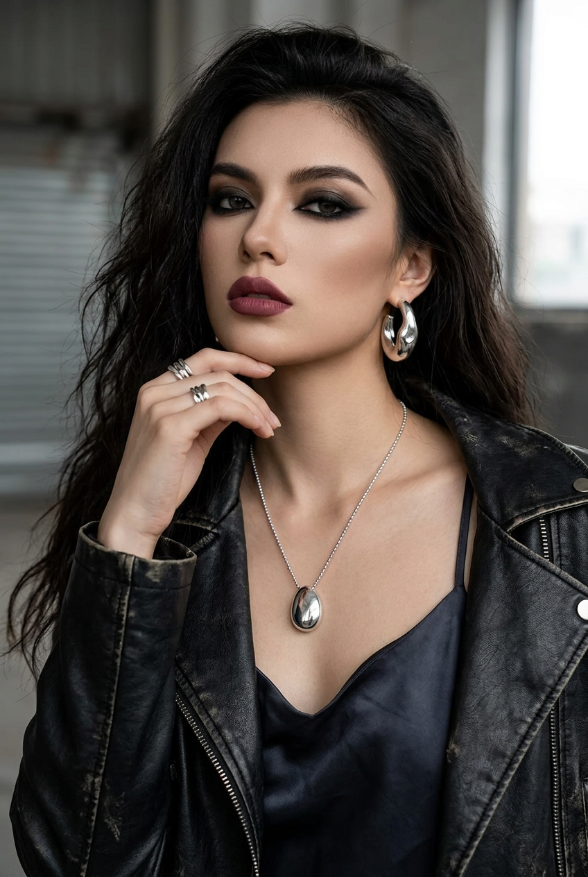 A woman with dark hair and dramatic eye makeup wears a black leather jacket, a silver teardrop pendant necklace, and silver hoop earrings, posing in a gray industrial setting.
