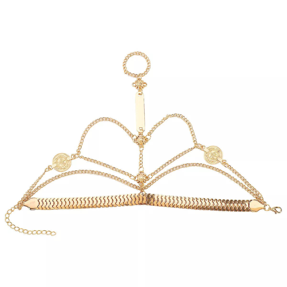 Detailed chain layers and finger ring connection on hand chain bracelet 2026