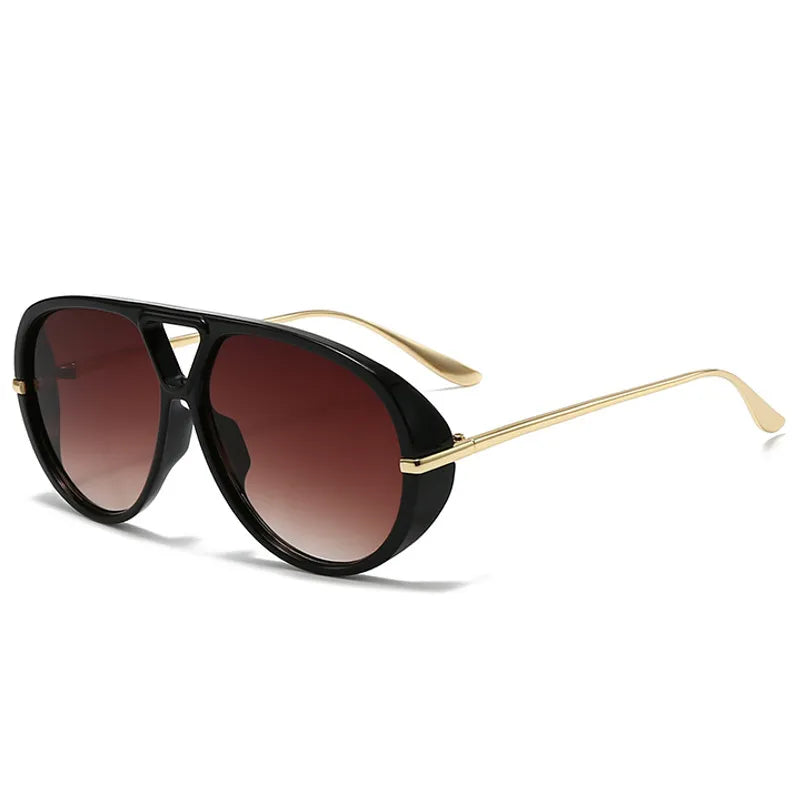 Model wearing Rebellious Gal yellow tinted aviator UV400 sunglasses edgy lifestyle shot