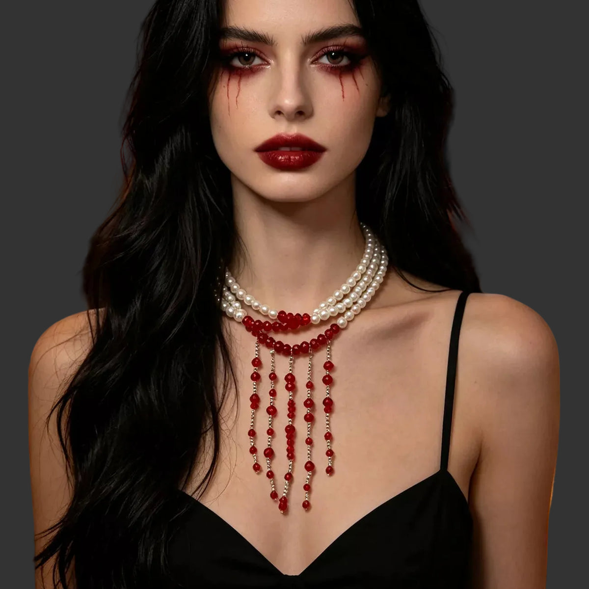 White pearl choker with red beaded fringe worn with a black strappy top