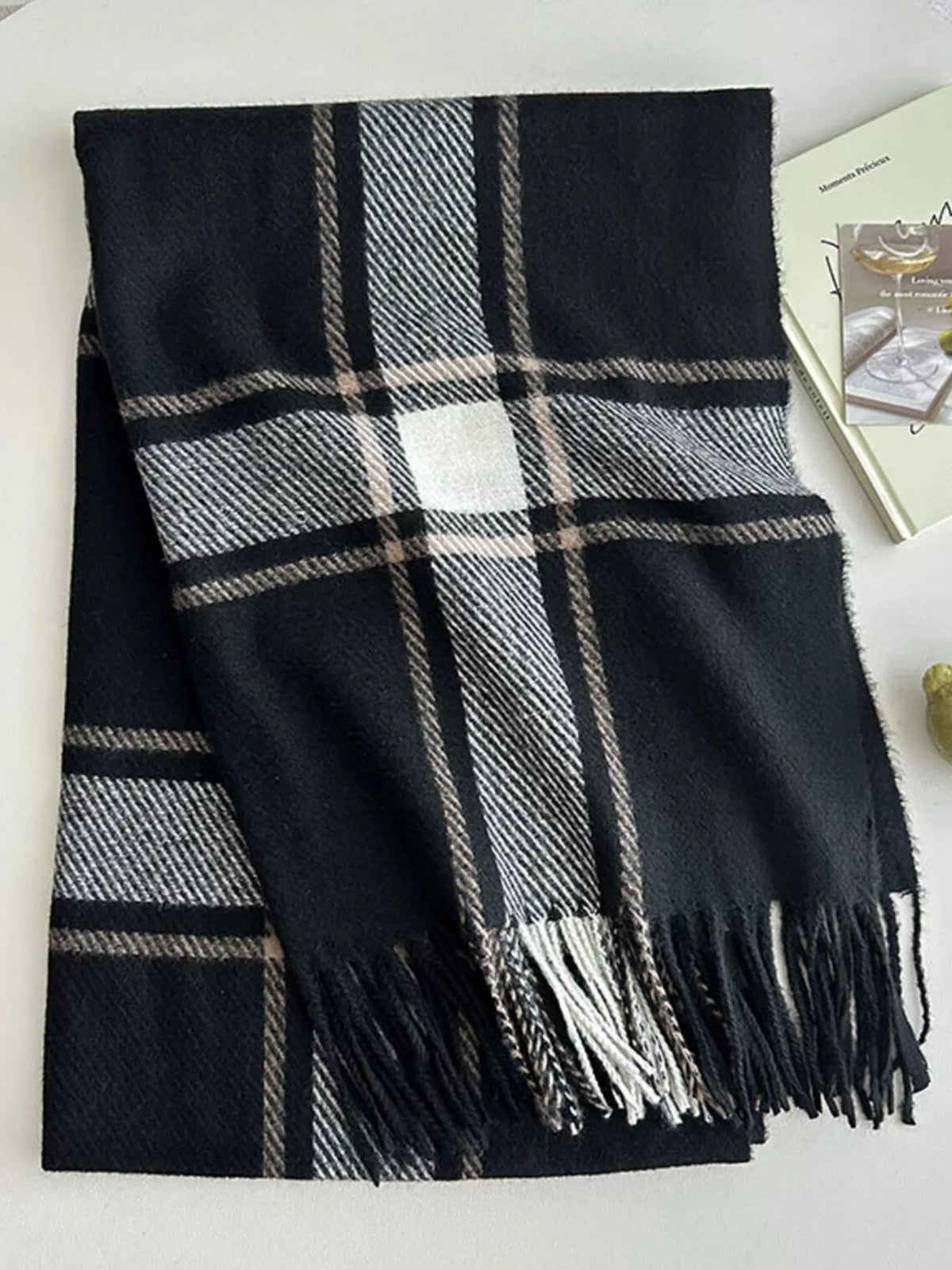 Full length view of 70.9" plaid tassel scarf showing tassel details