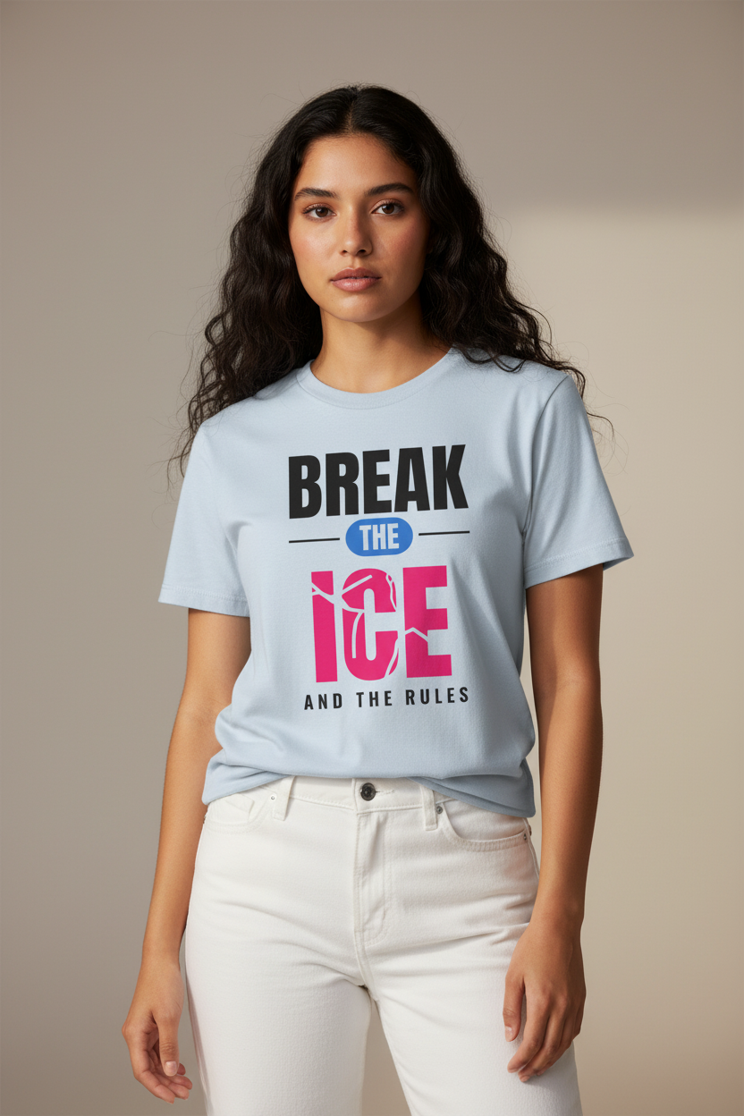 Woman with long wavy hair in the blue fog Break the Ice graphic tee, pale backdrop