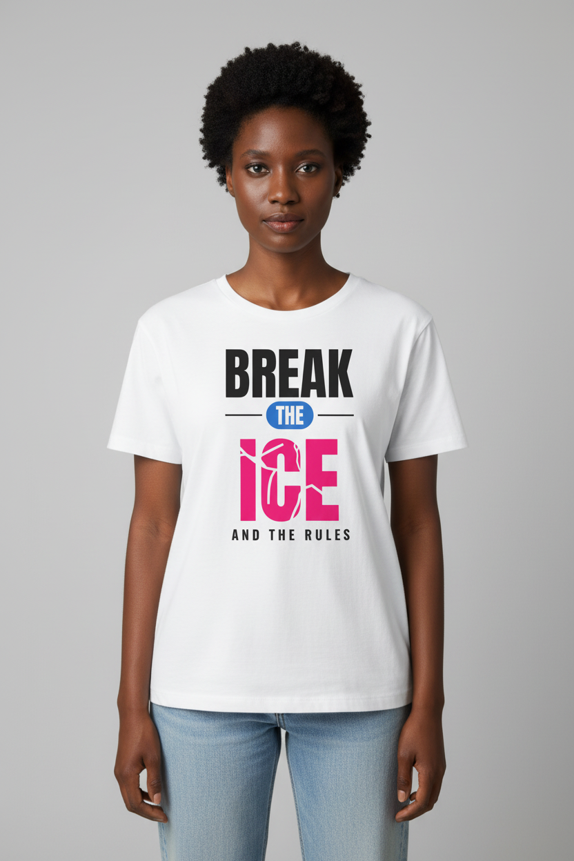 Woman with a tapered afro in the white Break the Ice graphic tee, studio backdrop