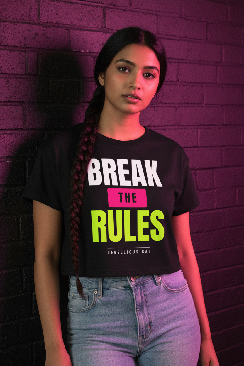 Woman with a long braid in black Break the Rules boxy crop top, pink-lit brick wall