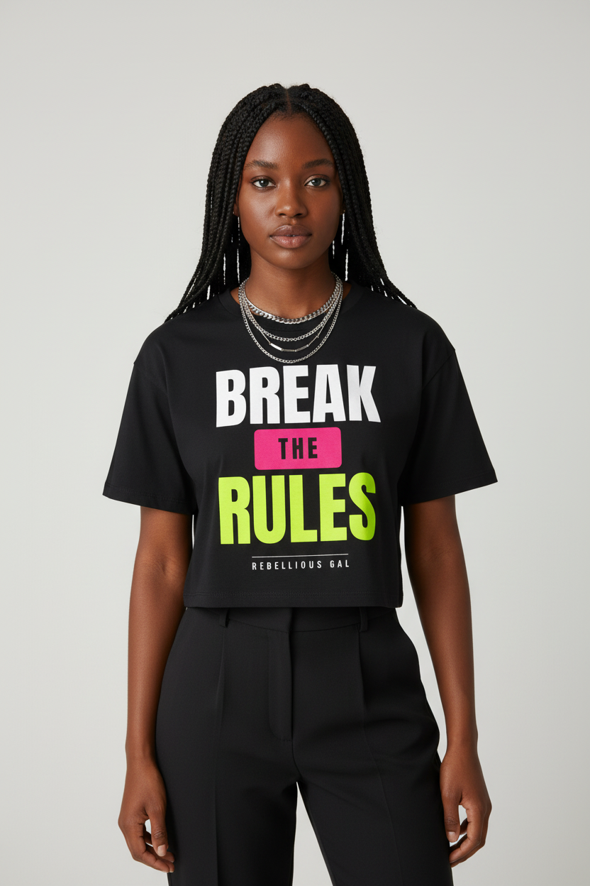 Woman with box braids in the black Break the Rules boxy crop top and silver chains