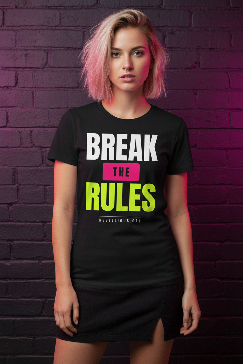 Blonde woman in the black Break the Rules crew neck tee at a pink-lit brick wall