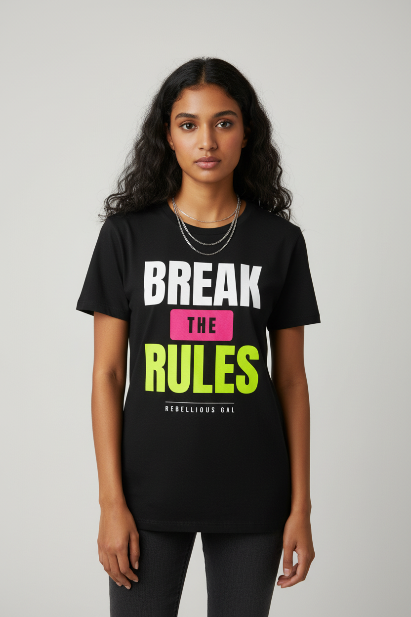 Wavy-haired woman in the black Break the Rules crew neck tee with layered silver chains