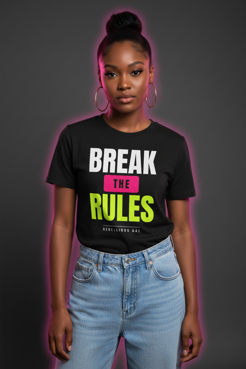 Woman with a high bun in the black Break the Rules crew neck tee and jeans