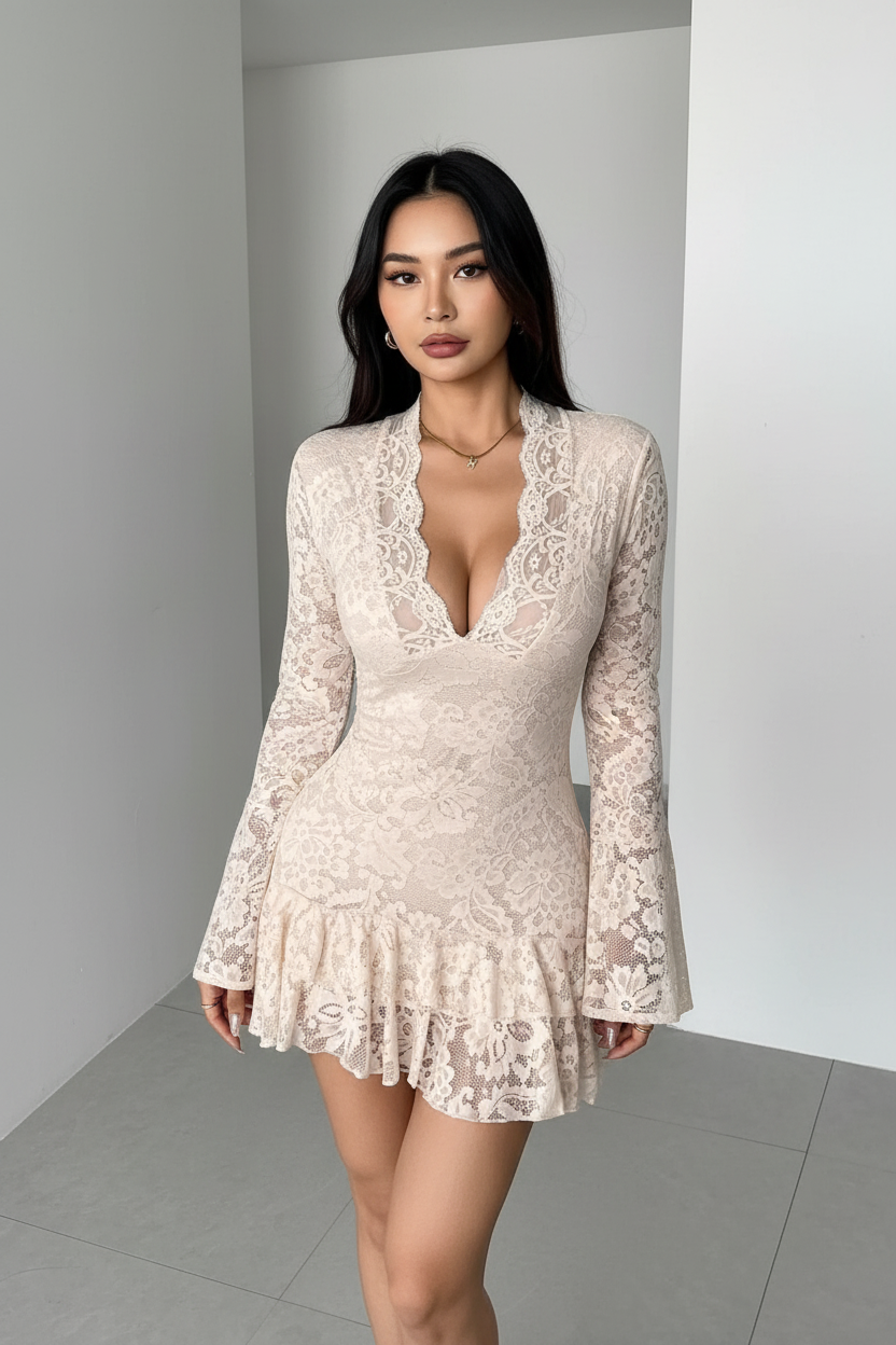 Woman wearing a lace dress against a plain background