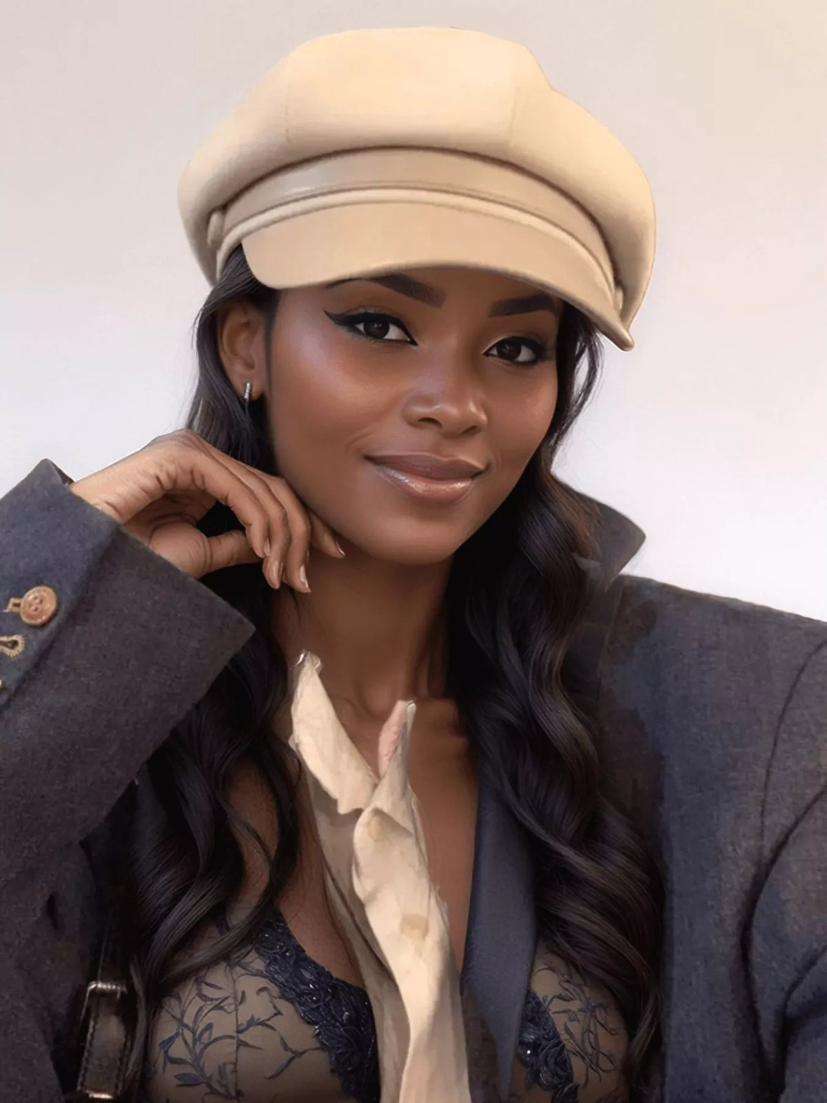 Lightweight solid color cap in woolen cloth on rebellious woman street style 2026