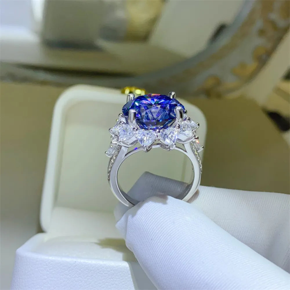 10 Carat Deep Blue Moissanite 925 Silver Luxury Ring Close Up Shot White Gloves | Rebellious Gal Jewelry 