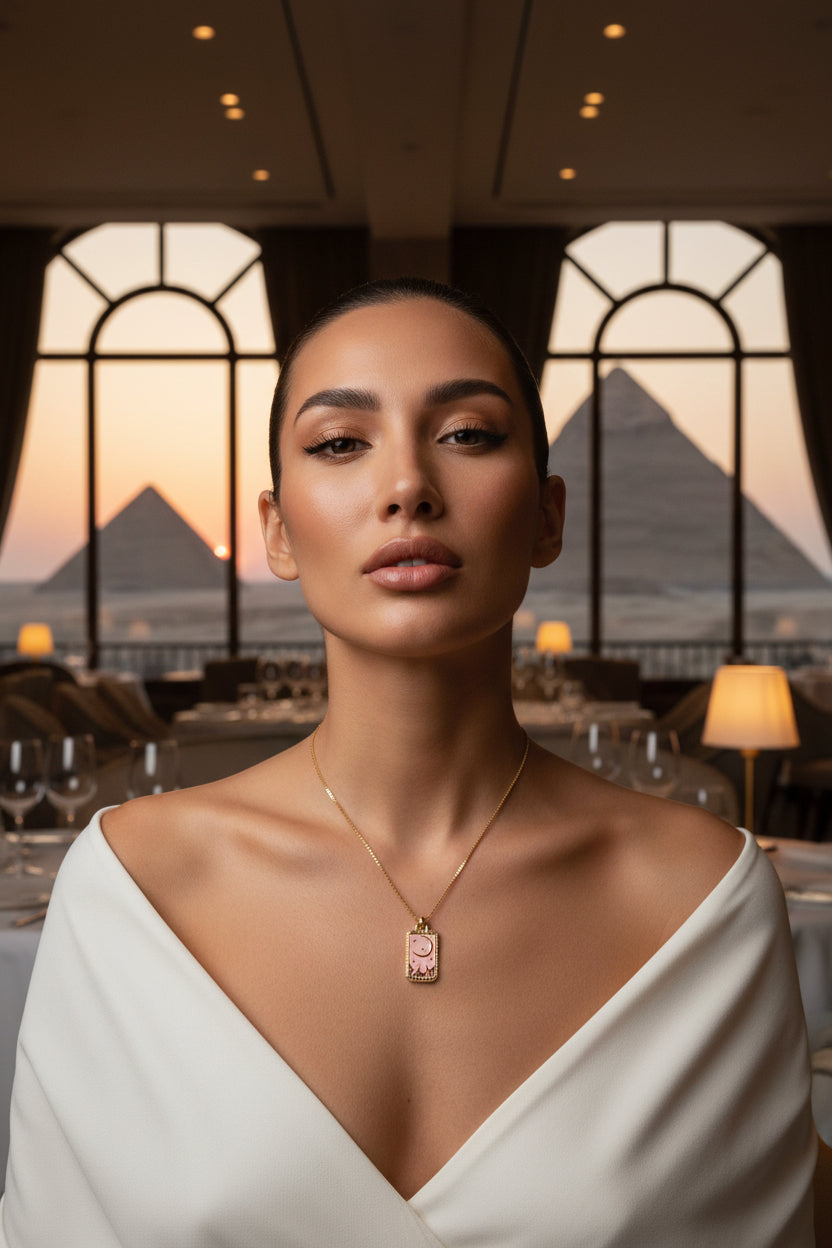 model wearing rebellious gal jewellry near the pyramids