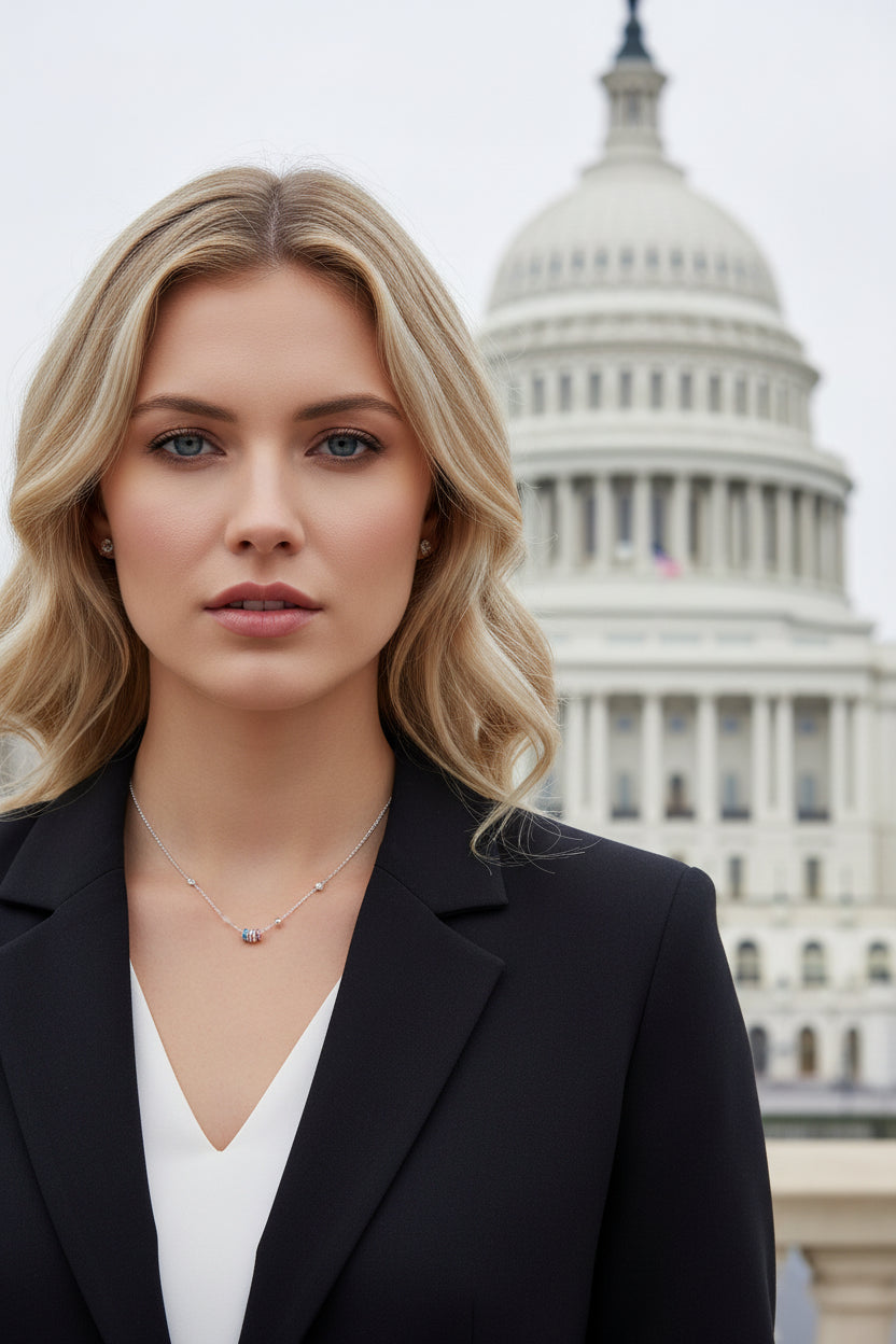 Corporate Model layering the rose gold zircon necklace with other bold chains