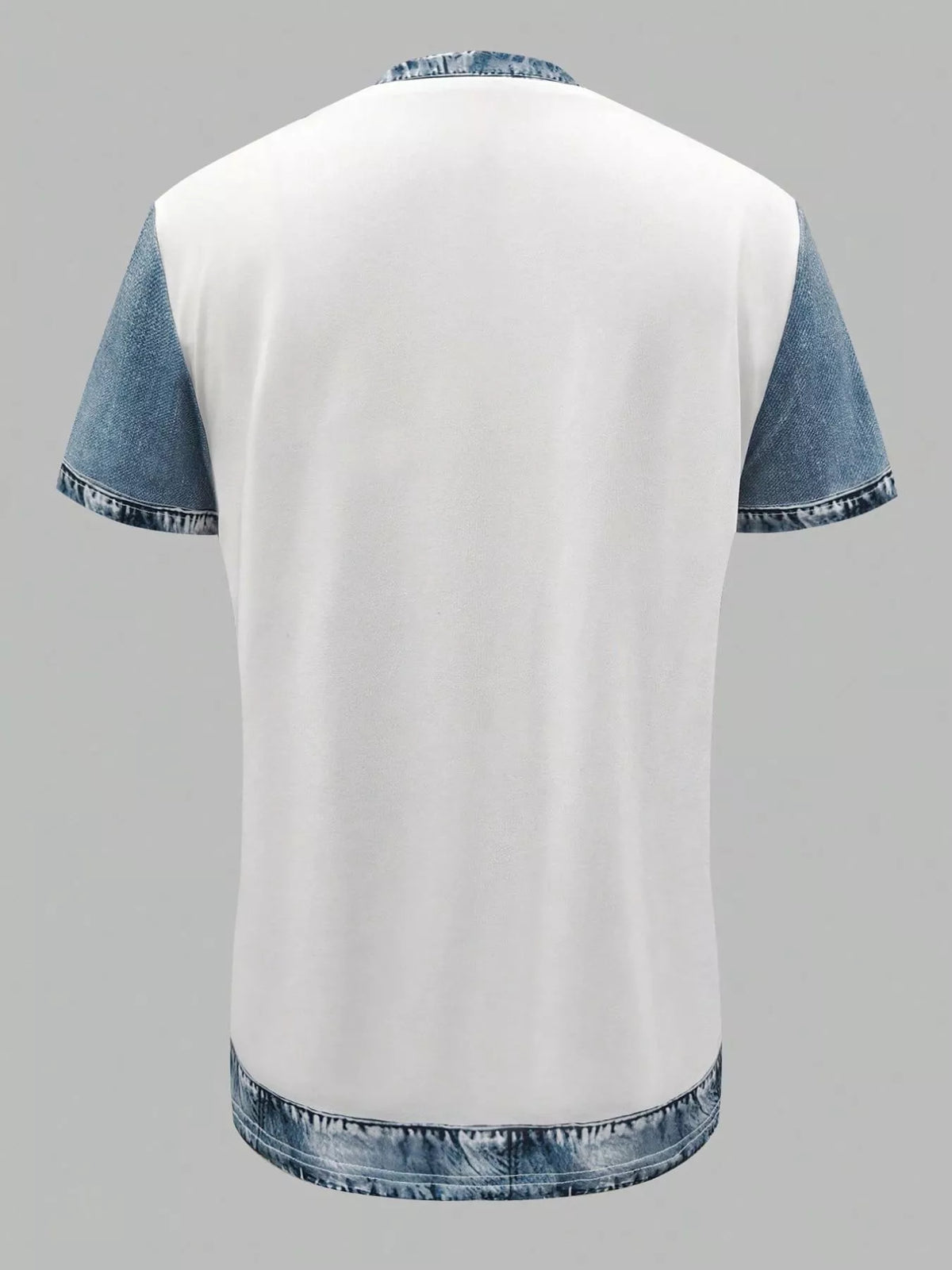 White t-shirt with blue denim sleeves and hem on a gray background