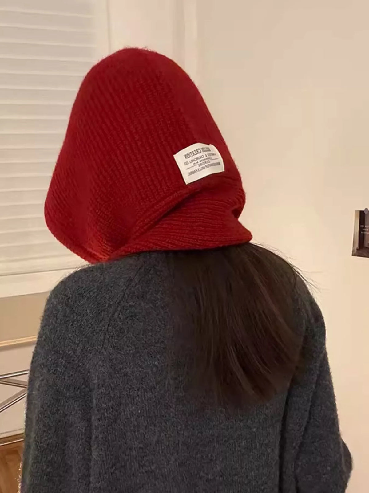 Side view knitted hat with attached scarf women trend warm winter accessory